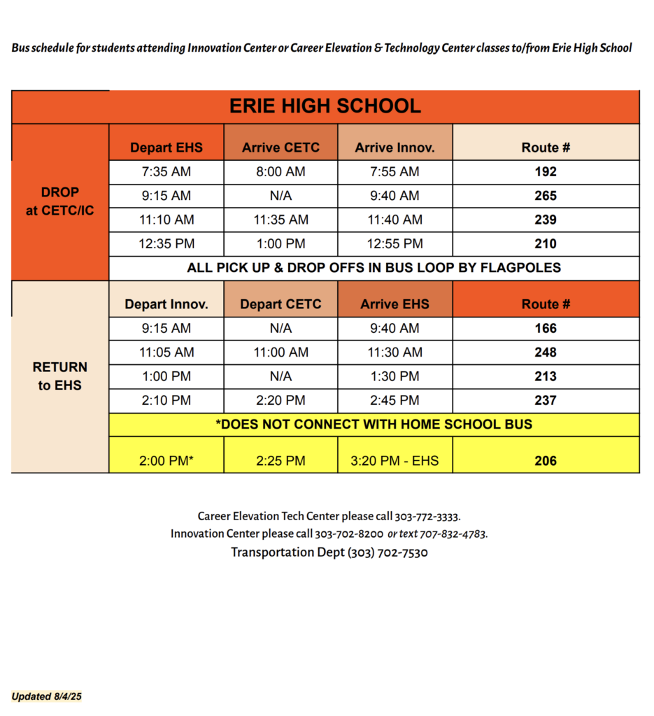 Bus schedule for Erie High School students to Innovation Center and CETC, including departure and arrival times.